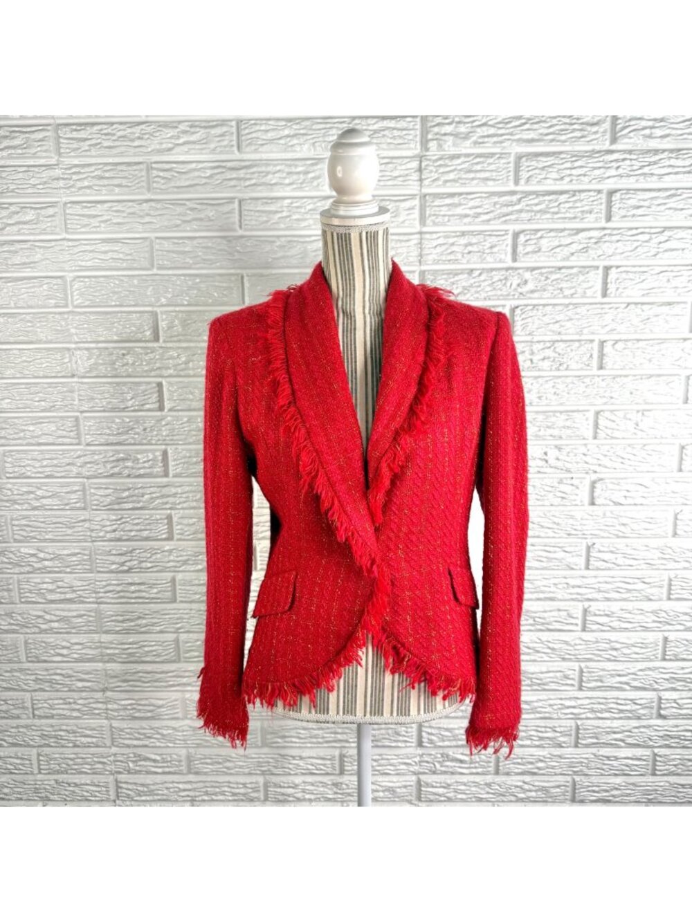 Vtg Blushe by Spiegel Red Tweed Blazer Heavy Fringe Hem Metallic Accents Size 6